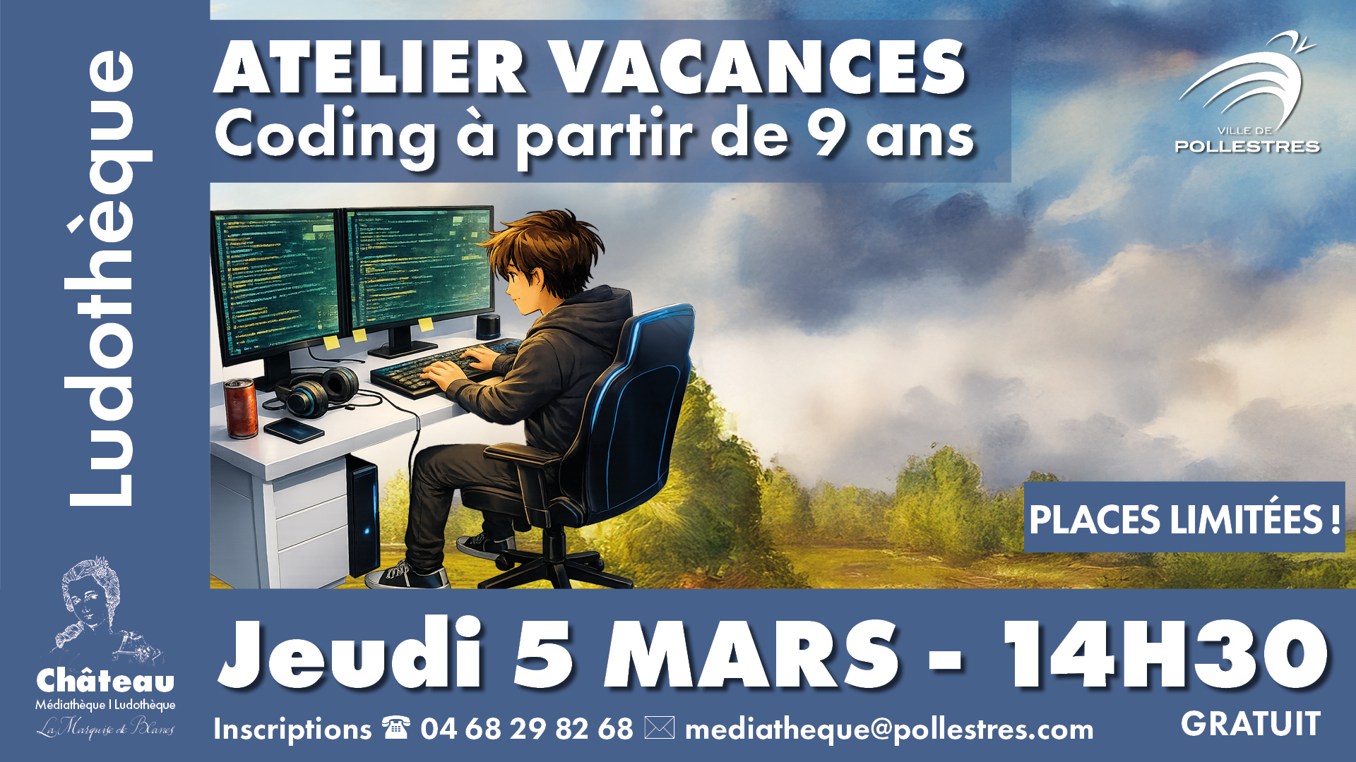 Un enfant assis sur une chaise qui fait du code sur un ordinateur