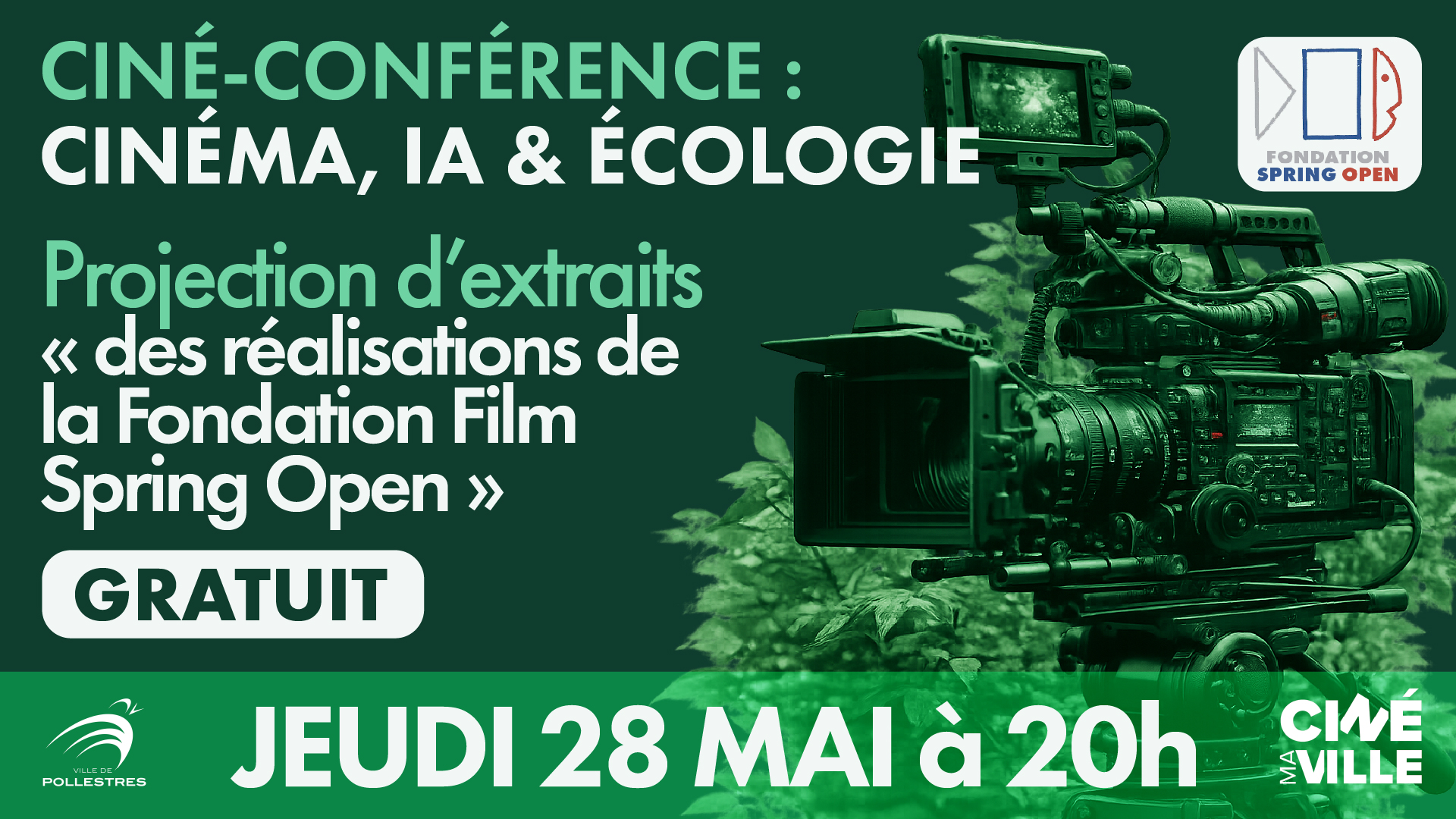 Caméra et feuillage sur fond vert avec écritures blanches