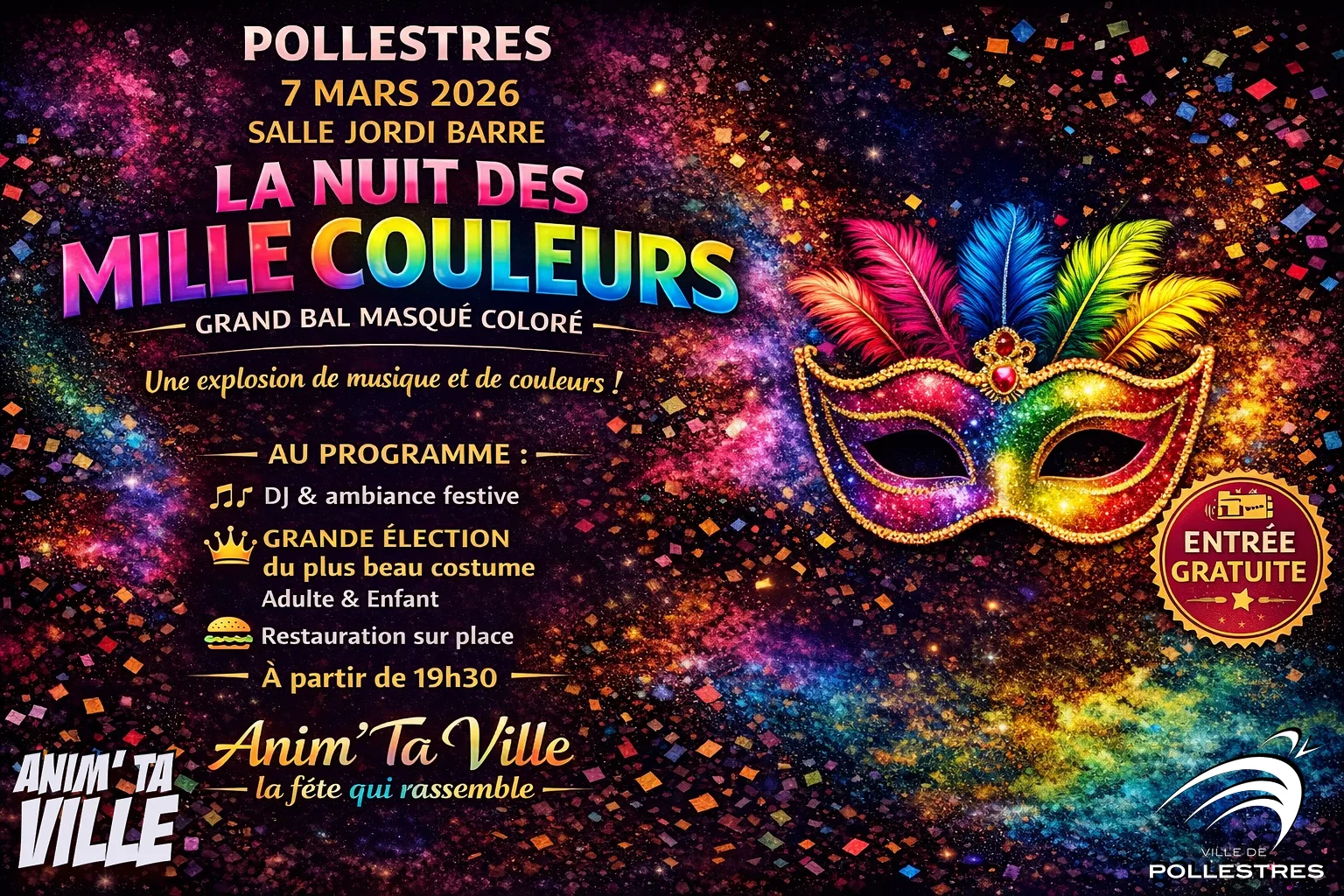 Affiche de la soirée avec un Masque de carnaval sur fond noir et coloré