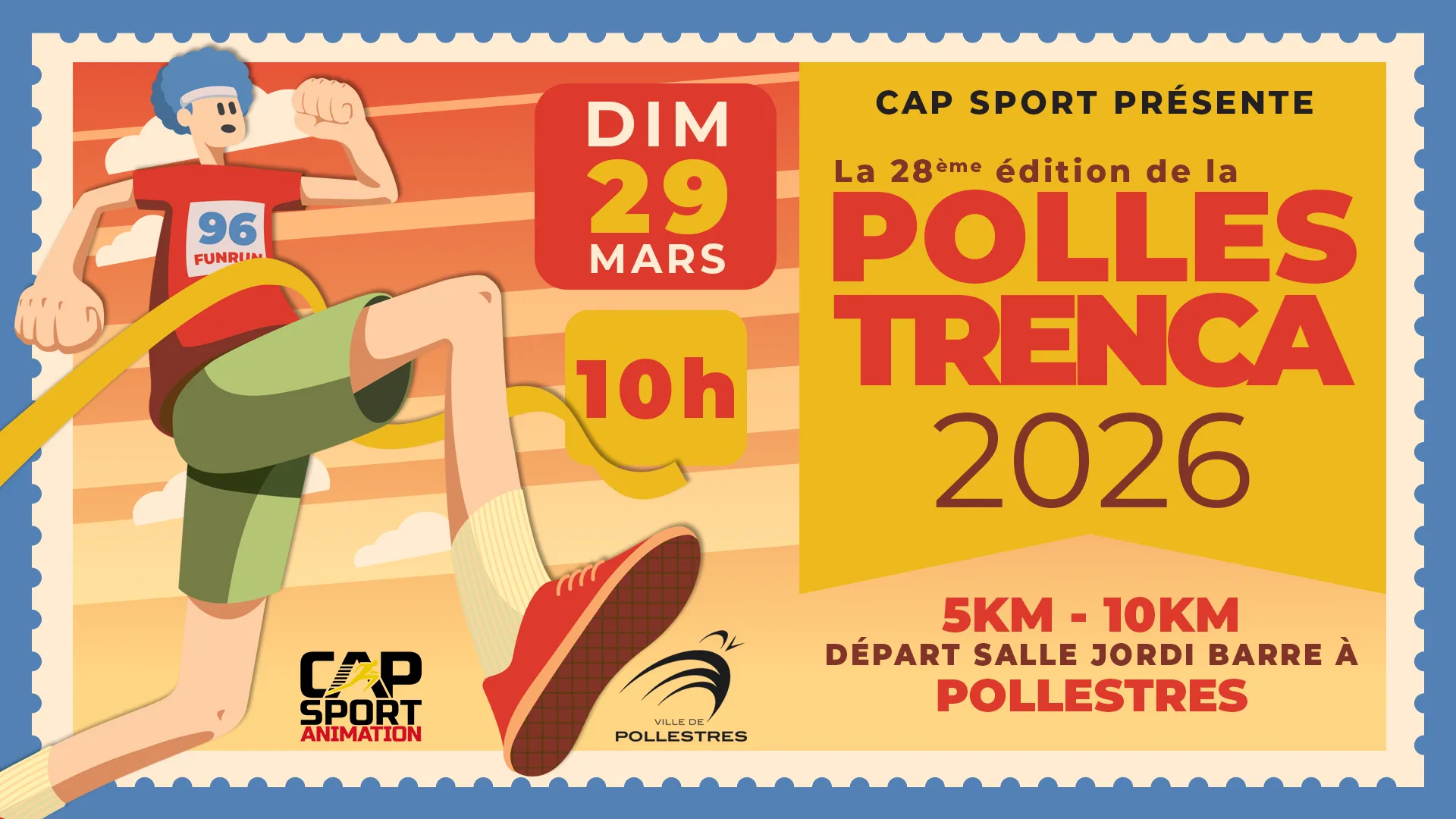 Affiche de l'évènement dans un style de timbre avec un coureur à l'intérieur 