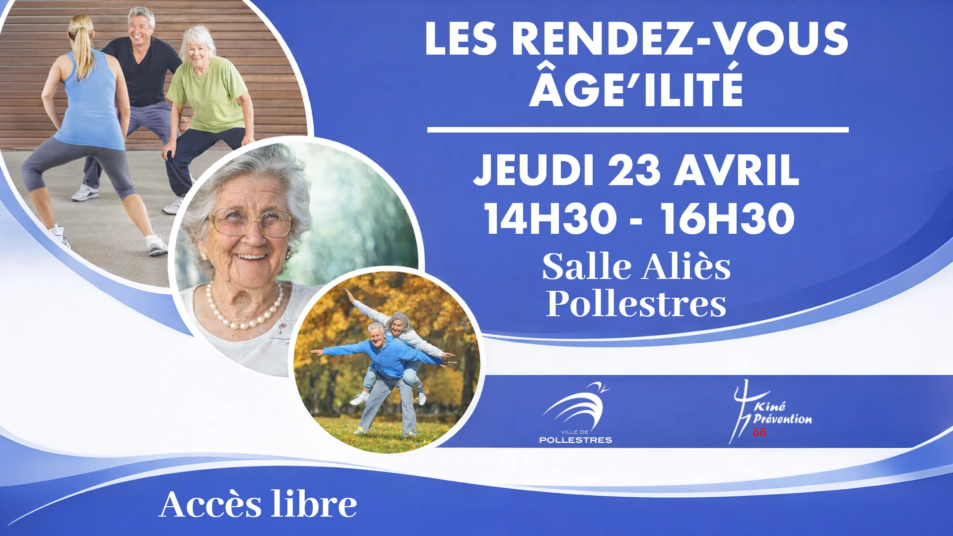 Affiche bleu et blanc avec photos de personnes âgées